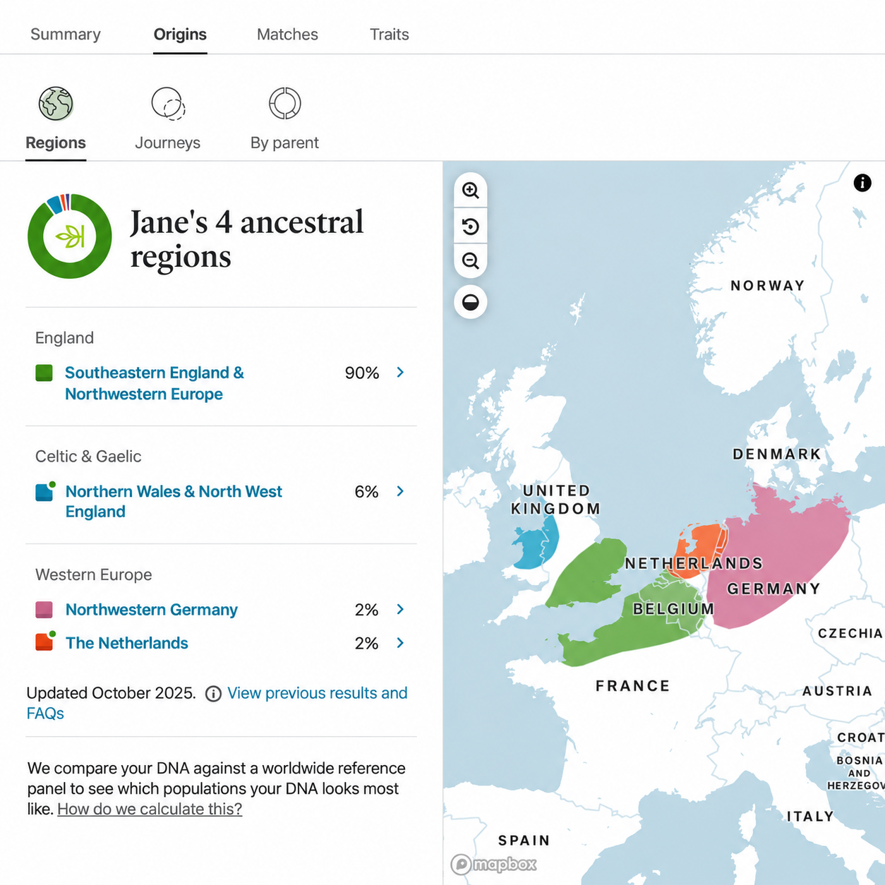 A DNA ancestral regions map showing estimated origins across Europe